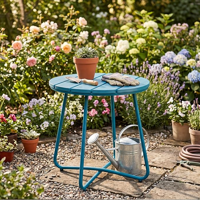 danpinera Outdoor Side Tables, HDPS Patio Table with Metal Legs, 18 Inch Outdoor Small Round Table for Garden, Backyard, Porch, Deck, Balcony, Poolside, Navy Blue