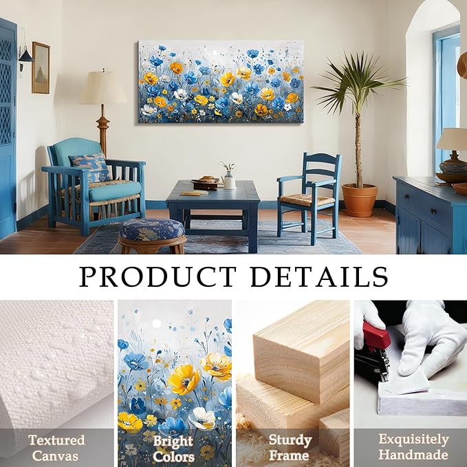 SERIMINO Floral Wall Art, Large Wall Art, Botanical Wall Decor, Blue and Yellow Wildflowers Art Prints, Modern Elegant Pictures for Living Room Bedroom Bathroom Kitchen Office Decorations 20"x40"