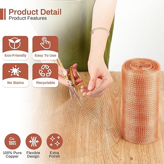 Gisafai 8" x 100 ft Copper Mesh Rodent Control Copper Wool for Slugs Rustproof DIY Hole Filler Pure Wire Mesh for Bat Snail Bird Pest Rodent Control Gap Blocker Fill Fabric Hole Gardening (2 Roll)