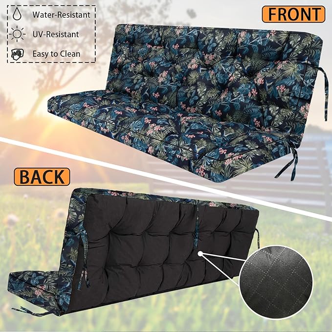Swing Replacement Seat Cushions, 2-3 Seater Bench Cushions for Outdoor Furnitur with Backrest, Garden Recliner Seat Cushions Waterproof Sofa Pads (Leaves+Flower Pattern, 63x40in)