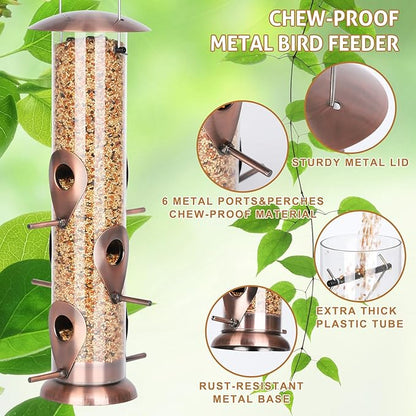 FEED GARDEN Metal Bird Feeder - 6 Port Tube Feeder for Outdoors, Heavy Duty Squirrel Proof with Metal Lid, Easy Fill & Clean, Weather Resistant Copper Finish, 13 Inch