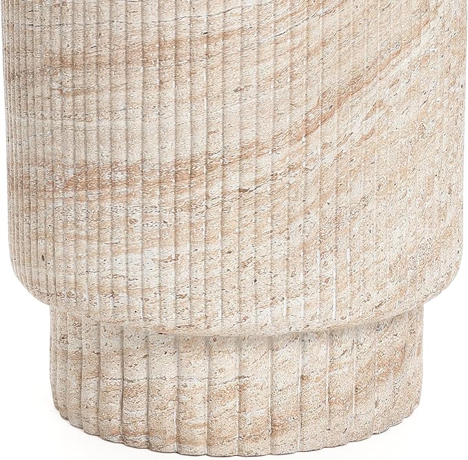 LuxenHome Outdoor Accent Side Table, 18'' Travertine-Style Outdoor Furniture, Round with Ribbed Cement End Table for Patio Backyard Balcony, Modern Coffee Furniture Gift