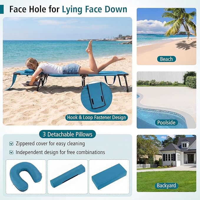 GYMAX Tanning Chair, 330lbs Beach Lounge Chair with Face Hole, Washable Pillow & Carry Strap, Adjustable Folding Chaise Lounge, Layout Lounger for Outside, Patio, Poolside, Lawn (1, Blue)