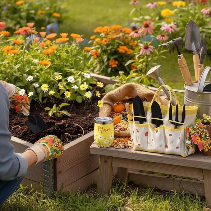 Lasnten 16 Pcs Mothers Day Garden Gift for Mom Women Dasiy Gardening Supplies Birthday Garden Tools Set from Daughters Gloves Apron Insulation Cup Fork Trowel Tote Bags for Planter Present