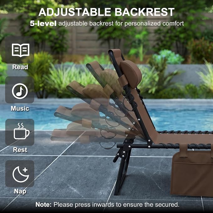 Outsunny Folding Chaise Lounge Chair Outdoor, Sun Tanning Chair with Side Pocket, Carrying Strap, Portable Patio Beach Lounger with 5-Position Reclining Back, Headrest for Pool, Camping, Yard, Brown