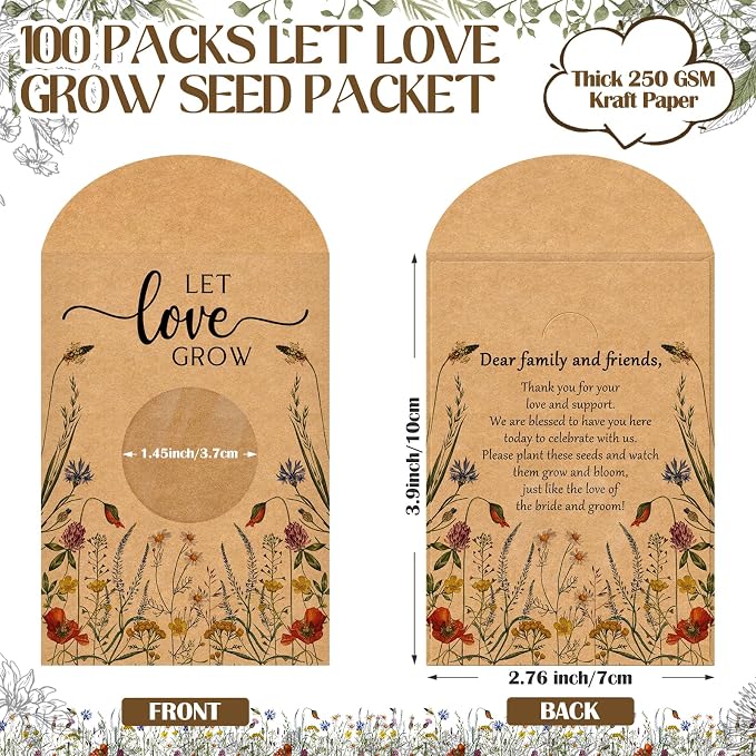 Fumete 100 Pcs Let Love Grow Seed Packets Cool Wedding Favors for Guests Kraft Envelope Kraft Bag with Window Flower Resealable Seed Storage Packets for Wedding Party Favors Bridal Shower
