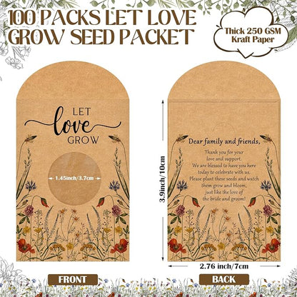 Fumete 100 Pcs Let Love Grow Seed Packets Cool Wedding Favors for Guests Kraft Envelope Kraft Bag with Window Flower Resealable Seed Storage Packets for Wedding Party Favors Bridal Shower