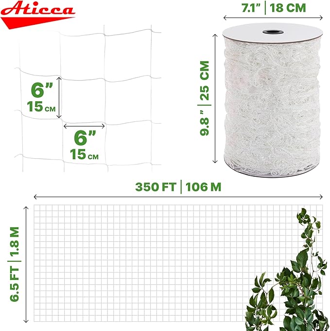 ATICCA Trellis Netting 6.5 x 350 ft Heavy Duty Polyester Plant Support Netting White - 6 Inch Garden Rope Trellis on Roll - Mesh Twine for Growing Vine Climbing Plants, Flowers, Peas, and Tomatoes.