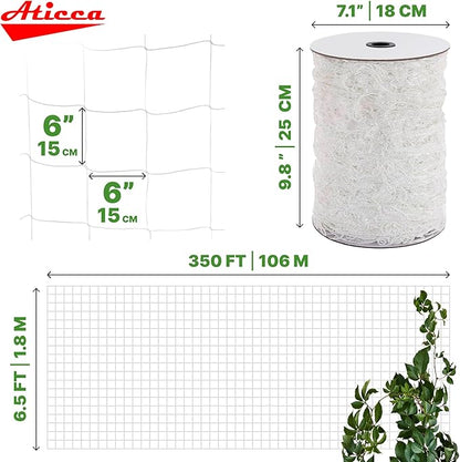 ATICCA Trellis Netting 6.5 x 350 ft Heavy Duty Polyester Plant Support Netting White - 6 Inch Garden Rope Trellis on Roll - Mesh Twine for Growing Vine Climbing Plants, Flowers, Peas, and Tomatoes.
