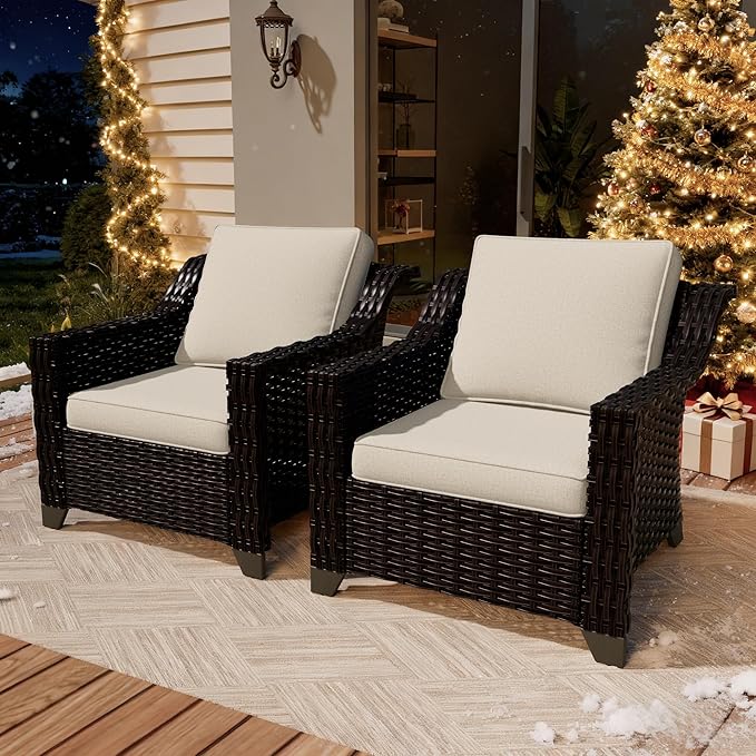 VistaVibe 2 Pieces Outdoor Armchairs, Patio Conversation Furniture Set, Washable Cushions, Luxurious Hand-Woven PE Rattan, Garden, Bistro, Deck, Backyard (Brown/Beige)