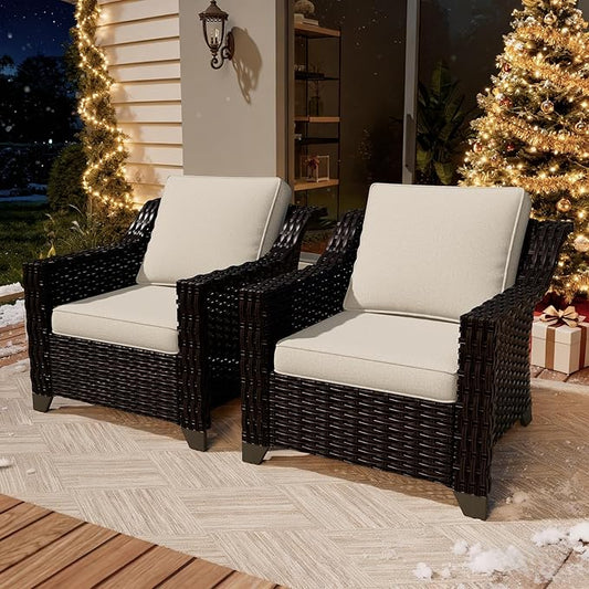 VistaVibe 2 Pieces Outdoor Armchairs, Patio Conversation Furniture Set, Washable Cushions, Luxurious Hand-Woven PE Rattan, Garden, Bistro, Deck, Backyard (Brown/Beige)