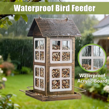 Bird Feeders, Heavy Duty Metal Bird Feeder for Outdoors Hanging, Weatherproof Large Capacity Wild Birdfeeder for Outside Garden Yard, Country House Shape (Vertical)