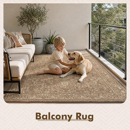 MontVoo-Outdoor Rug-Patio Rug 8x10 Polypropylene Indoor Outdoor Rugs Carpet for Patio Deck Balcony Porch, Textured Weave, Durable for High Traffic, Fade-Resistant, Vintage Medallion Neutral Brown