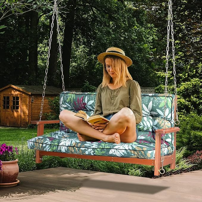 Swing Replacement Cushions with Backrest, 2 or 3 Seater Waterproof Non-Slip Overstuffed Swing Pad, Indoor/Outdoor Bench Cushion for Porch Chair Swing Garden Furniture (Flower color, 40 * 70.8in)