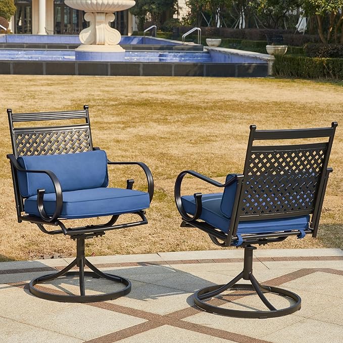 MELLCOM Patio Swivel Chair Set of 4, Heavy Duty Outdoor Dining Chairs with Cushions and Lumbar Pillows, Metal Patio Chairs Gentle Rocker for Outside, Garden Lawn & Porch, Backyard, Blue