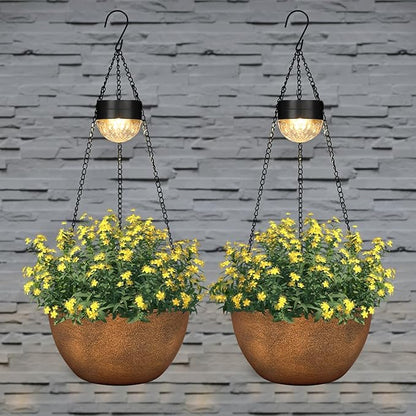 BAYN 2 Packs Solar Hanging Basket Planters for Plants Outdoor, Self Watering Bronze Flower Plants Pots with Solar Light Drainer for Balcony Patio Garden Outdoor Decoration