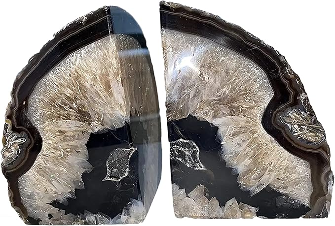 JIC Gem Black Agate Bookend(s) Bookends for Shelves to Hold Books geode bookends with Rubber Bumpers for Office and Home Decoration(1 Pair 2 to 3 Lbs)