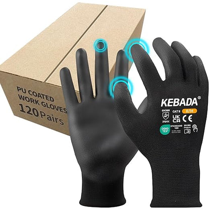 Kebada Safety Work Gloves,120 Pairs Bulk Pack, Touchscreen, PU Coated, Ideal for Warehouse, Construction, Gardening and Mechanics, Black, X-Small