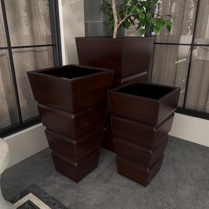 Deco 79 Metal Indoor Outdoor Planter Light Weight Large Planter Pot with Tapered Base and Fluted Design, Set of 3 Planters 31", 25", 20"H, Brown