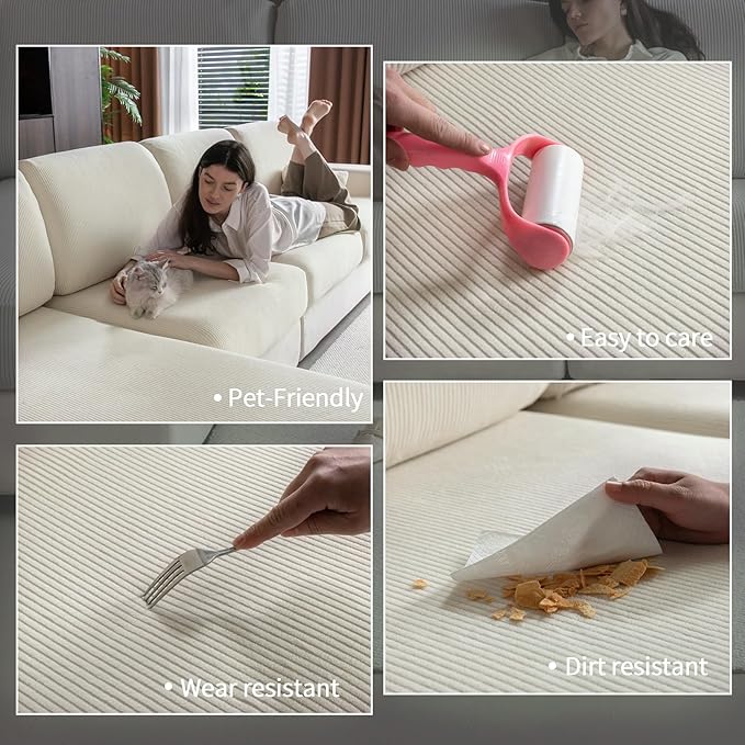 OHSIO Sectional Couch Covers, Wear Resistant Stretch Sofa Covers Washable Soft Couch Cushion Covers Anti Slip Furniture Protector Sofa Slipcovers for Pets(3 Pieces 2 Seaters+1 Chaise, Ivory)