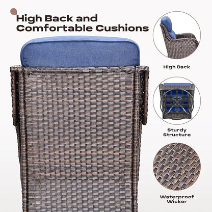 Rilyson Wicker Outdoor Patio Furniture Set - 4 Piece Patio Conversation Set with Swivel Rocker Chairs and Ottomans, 6 inch Cushions, High Back, Deep Seating, for Porch Deck Garden Brown/Blue