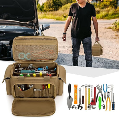 Rexmica Small Tool Bag with Anti-friction and Thick Padded Bottom, Tool Storage Organizer for Men, Tactical Bag, Range Bag, Multi-functional Work Tote for Repairman, Electrician, Carpenters (Khaki)