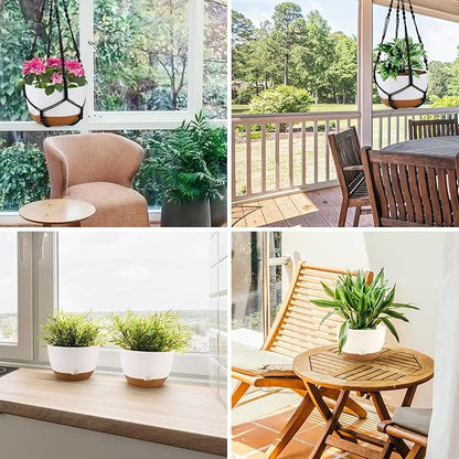 10 Inch Hanging Planter, 2 Pack Hanging Plant Self Watering Pot with Drainage Holes & Saucers, Hanging Baskets Flower Pots with Black Macrame Rope Hangers for Garden Home -White