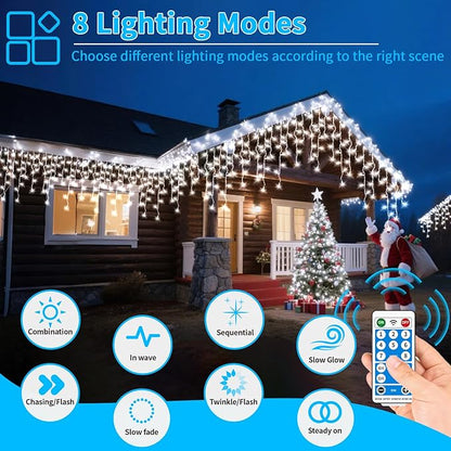 Solar Christmas Lights 66+16Ft 660LED Icicle Lights for Outside 2400mAH Connectable Rechargeable Dimmable Remote Twinkle Fairy String Lights for Xmas Yard Eaves House Roof Decorations
