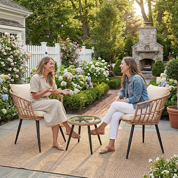 3 Piece Patio Bistro Set, Outdoor Wicker Apartment Balcony Furniture Set, All-Weather Rattan Patio Conversation Set for Backyard, Balcony and Porch with Soft Cushions, Tempered Glass Side Table(Beige)