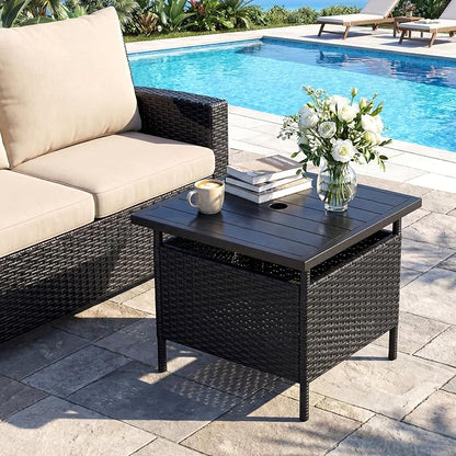 Giantex Umbrella Table, Outdoor Side Table with 2" Umbrella Hole, Rattan Umbrella Stand Holder, Heavy Duty Metal Frame, Patio Bistro Table for Deck Garden Poolside, Black (HDPE Tabletop)