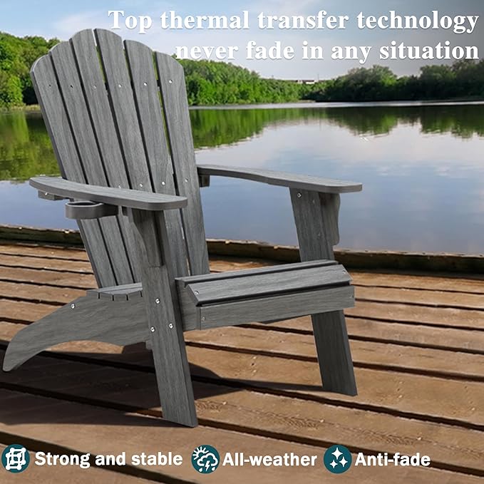 Psilvam Oversized Adirondack Chair, Fade-Resistant & Odor-Free Poly Lumber Fire Pit Chairs with Cup Holder, Weatherproof Outdoor Chair, Easy 15 Min Install Patio Chair, 350 Lbs Support (4, Gray)