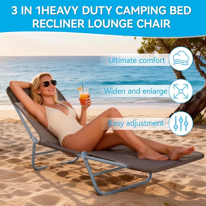Outdoor Chaise Lounge with Detachable Pillow, Reclining Folding Chair with 5-Position Adjustable Back, Portable Tanning Chair for Beach, Pool, Lawn, Breathable Mesh Seat, No Assembly