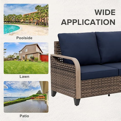 COOS BAY Modern Wicker Outdoor Furniture Set, Patio Conversation Set with 2 Seat Loveseat, and Ottomans, 3 Piece, Brown/Blue