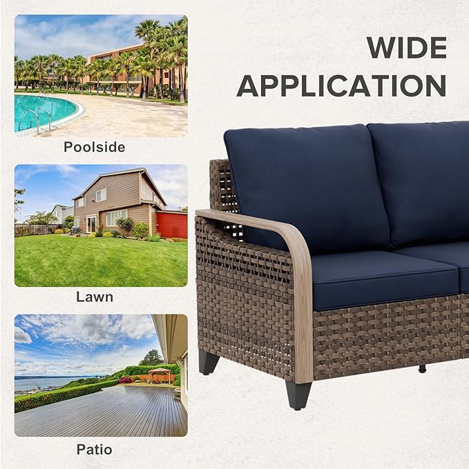 COOS BAY Modern Wicker Outdoor Furniture Set, Patio Conversation Set with 3 Seat Couch, and Ottomans, 3 Piece, Brown/Blue