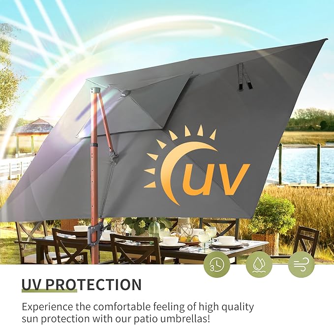 JZAC & QZYD 10 X 13 FT Patio Umbrella with Base, Outdoor Cantilever Offset Rectangle Heavy Duty Umbrellas with 360° Rotation Double Top and Deluxe Wood Grain for Pool Deck Backyard Garden, Gray