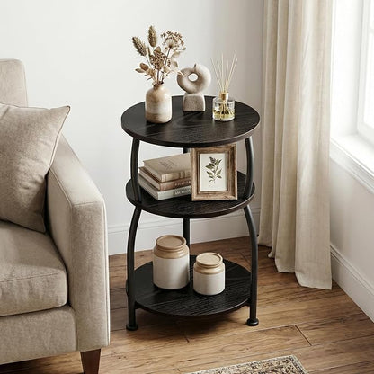 Round Side Table, 3-Tier End Table with Storage Shelf, 15.7" Wide Nightstand for Small Spaces, Tall Sofa Table Capable of Holding Laptops & Lamps, Bedside Table for Bedroom & Living Room, Black