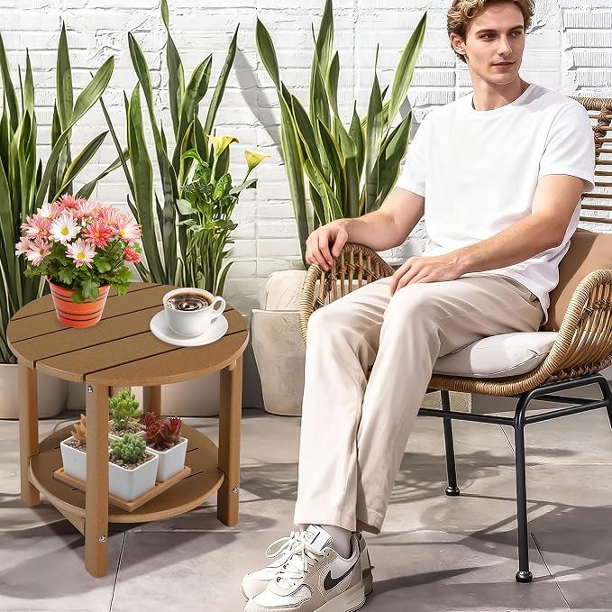 LZRS Round Adirondack Side Table Double End Table, Outdoor Side Tables for Patio, Backyard,Pool, Indoor Companion, Easy Maintenance & Weather Resistant(Teak)