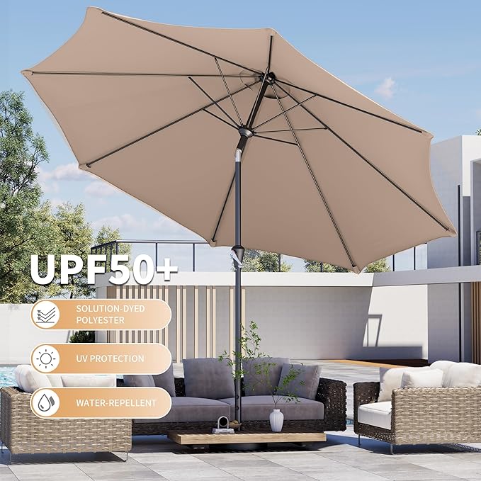 Kingdura 10FT Outdoor Patio Umbrella, Market Table Umbrella with Push Button Tilt and Crank, 8 Sturdy Fiberglass Ribs, UV Protection for Pool, Lawn, Deck, Backyard, Garden (Beige)