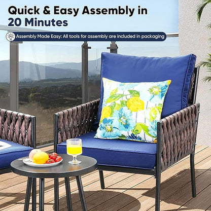 Patio Furniture Set, 5-Piece Wider Outdoor Metal Seating Sofa with High Back & Lovsest, Coffee Ta ble, All Weather Rattan Conversation for Garden,Backyard, Poolside-Navy