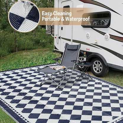 HUGEAR Outdoor Waterproof Rug 6'x9' Plastic Straw Rugs Washable Reversible Floor Mat Blue Plaid Carpet for Camping RV Deck Entryance Porch Picnic Balcony Beach Backyard