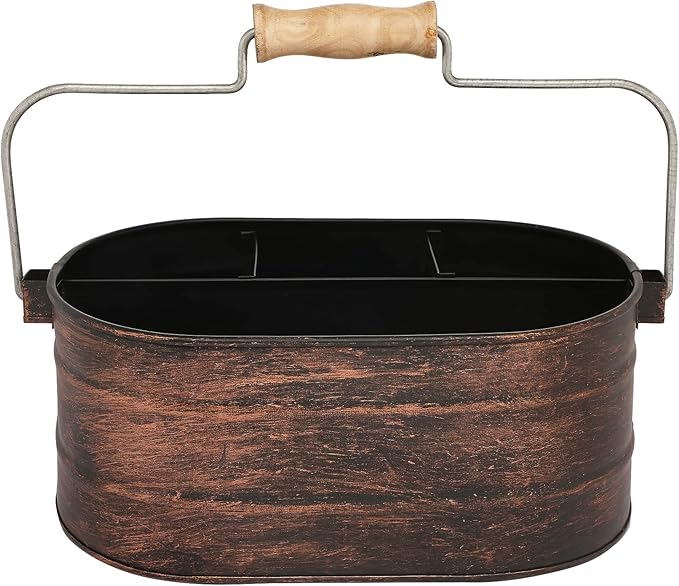 Galvanized Metal Caddy with 4 Compartments, Rustic Farmhouse Kitchen Indoor Outdoor Picnic Utensil Holder, Multipurpose Storage Bin, Metal Garden Planters - 12 Inch - Copper Antique