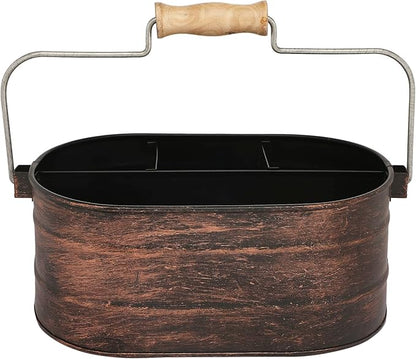 Galvanized Metal Caddy with 4 Compartments, Rustic Farmhouse Kitchen Indoor Outdoor Picnic Utensil Holder, Multipurpose Storage Bin, Metal Garden Planters - 12 Inch - Copper Antique