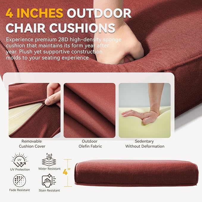 Patio Cushions for Outdoor Furniture - 22" x 25" x 4" UV Resistant Thick Foam Cushions Water Resistant Replacement Cushion for Outdoor Patio Furniture Chair/Sofa/Couch | Red | 6-Pack |