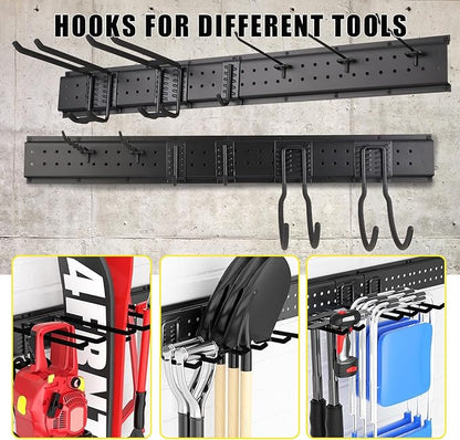 Garvee Garage Tool Organizer Wall Mount, 64 Inch Heavy Duty Garden Tool Storage Organization with 12 Adjustable Hooks, 16 Pack Yard shed Tool Organizer System for Shovel Rake Broom Ladders