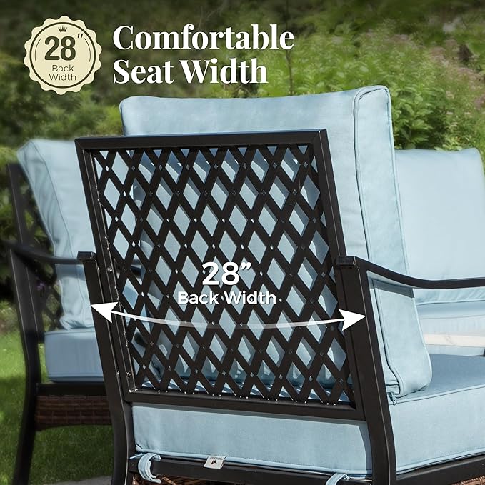 Patio Furniture Set with Firepit Table, Black Frame Outdoor Conversation Set with 2 x Fixed Chairs, 2 x Rocking Chairs, 1 x 3-Seat Sofa for Lawn Garden Backyard, Blue