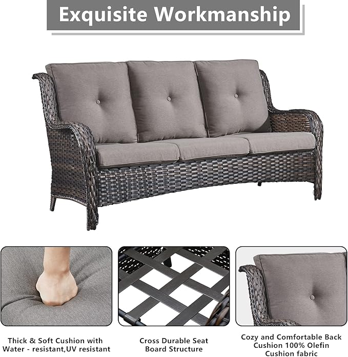 Rilyson Outdoor Patio Wicker Furniture Set - 6 Piece Rattan Patio Conversation Sectional Sofa Set with 1 Couch,2 Armchairs,2 Ottomans and 1 Glass Top Coffee Table for Porch Deck Garden(Brown/Grey)
