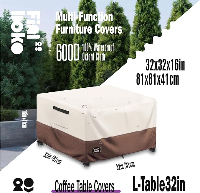 Patio Ottoman Cover,32"L x 32"W x 16"H Square Patio Dining Table Cover for Outdoor Furniture,100% Waterproof 600D Heavy Duty Outdoor Table Cover,Beige&Brow
