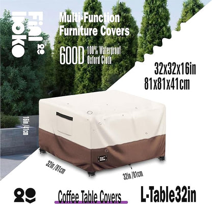 Patio Ottoman Cover,32"L x 32"W x 16"H Square Patio Dining Table Cover for Outdoor Furniture,100% Waterproof 600D Heavy Duty Outdoor Table Cover,Beige&Brow