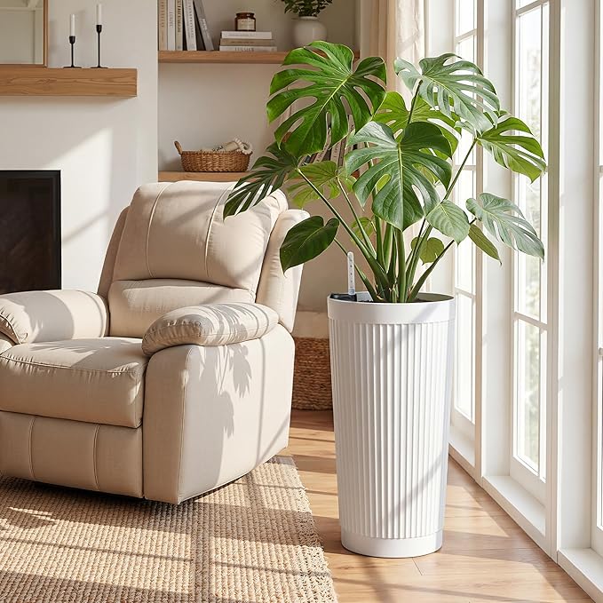 TUYOHW 2-Pack 24in Round Plastic Planters with Self-Watering System and Vertical Ribbed Design – Perfect for Home, Patio, Garden Plants