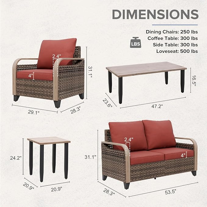 COOS BAY Modern Wicker Outdoor Furniture Set, Patio Conversation Set with Patio Chairs, 2 Seat Loveseat, Coffee Table and Side Table, 5 Piece, Brown/Red